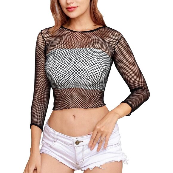 No Brand Other - 🆕 Women Black Fishnet Long Sleeve Crop Top Mini Lingerie Mesh Babydolls Chemise